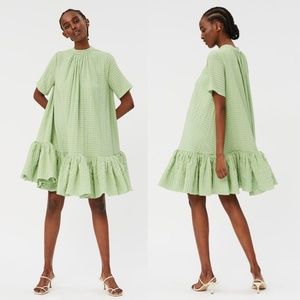 STINE GOYA Balloon Striped Ruffle Hem Dress in Green